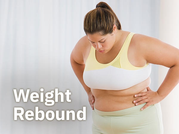 A women with a set of scales with text overlay "weight rebound"