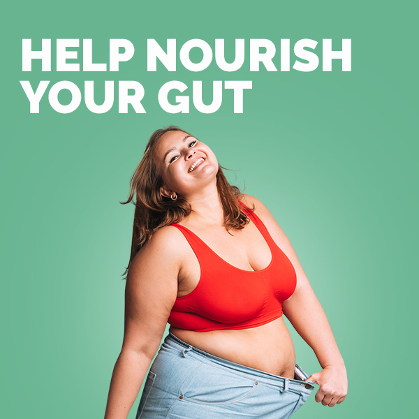 Green background with woman smiling and text overlay "Help Nourish Your Gut"