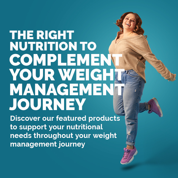 Woman jumping with text overlay 'the right nutrition to complement your weight management journey'