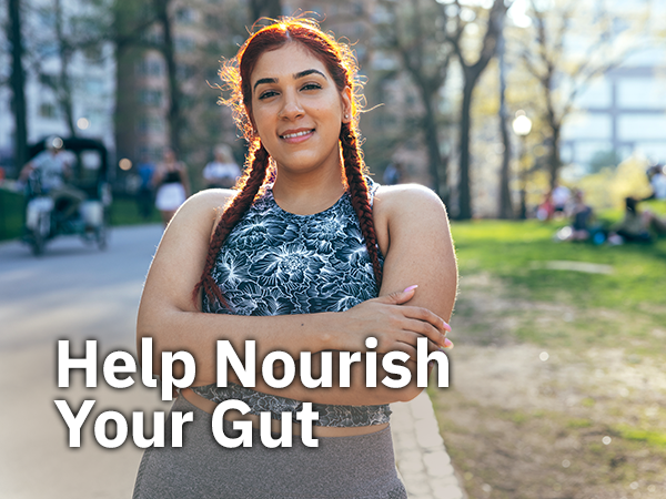 Green background with woman smiling and text overlay "Help Nourish Your Gut"