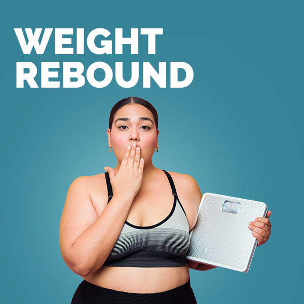 A women with a set of scales with text overlay "weight rebound"