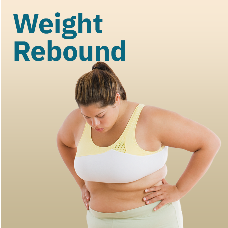 A woman looking down at scales with text overlay "Weight Rebound"