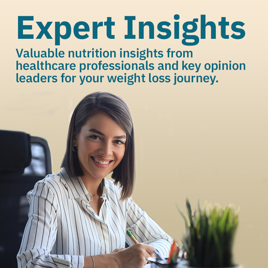 A practitioner/doctor sitting at her desk with text overlay "Expert Insights - valuable nutrition insights from healthcare professionals and key opinion leaders for your weight loss journey"