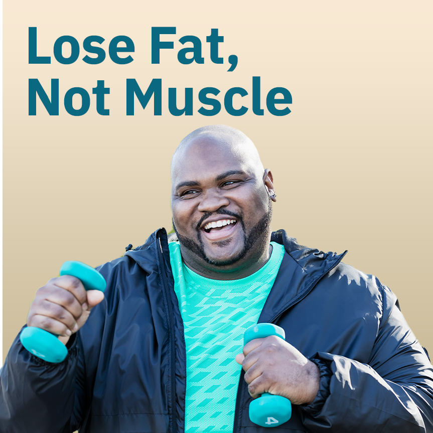 A man holding dumbbells and text overlay "Lose Fat, not muscle"