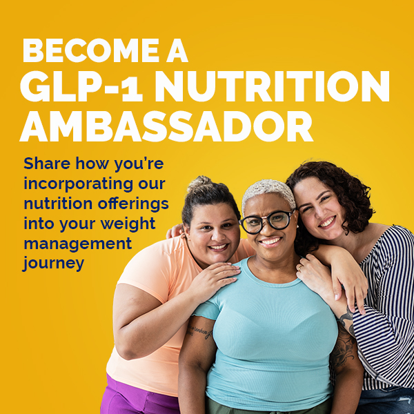 3 women on a yellow background with text overlay "Become a GLP-1 Nutrition Ambassador"