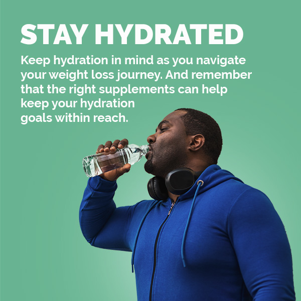 A man drinking from a water bottle with text overlay "stay hydrated"