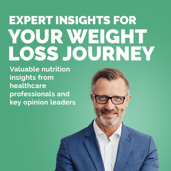 Man on a green background with the text overlay "Expert insights for your weight loss journey"