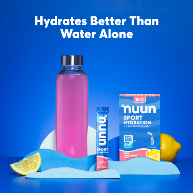 a blue background with Nuun Sport Hydration stick pack Mix sachets with a bottle and lemon beside