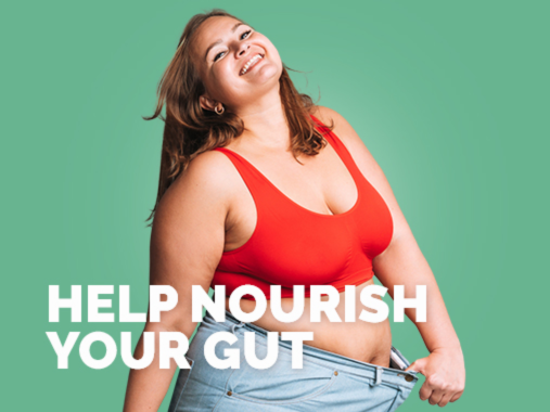 A women smiling with the text overlay "help nourish your gut"