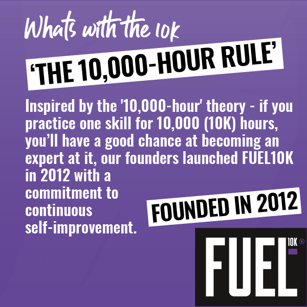 FUEL10K. What's with the 10k. 'THE 10,000-HOUR RULE'. Inspired by Malcolm Gladwell's '10,000-hour'theory-if your practice on skills for 10,000 (10k) hours, you'll have a good chance at becoming an expert at it, our founders launched FUEL10K in 2012 with a commitment to continuous self-improvement. FOUNDED IN 2012.