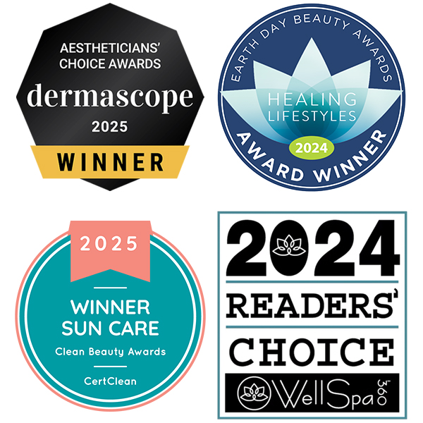 Earth Day Beauty Awards Healing Lifestyles Award Winner 2023 and 2024, Well Spa Reader's choice winner 2023, ascp skin deep reader's choice awards winner 2023, aestheticians's choice awards 2023 dermascope winner