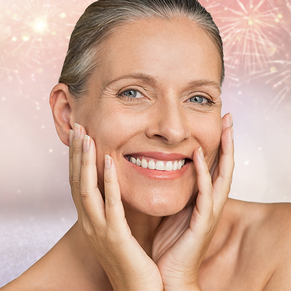 Womeh with her hand out and Product spotted on her face to show Pevonia Skin Care Products and promote the Refer a Friend Scheme