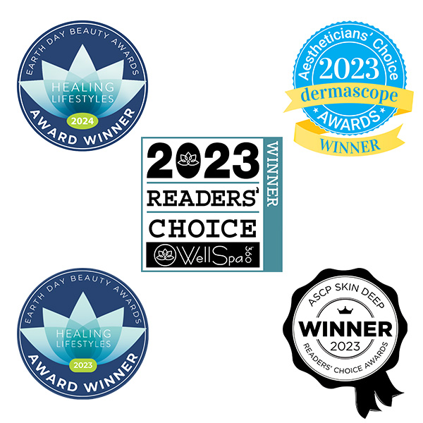 Earth Day Beauty Awards Healing Lifestyles Award Winner 2023 and 2024, Well Spa Reader's choice winner 2023, ascp skin deep reader's choice awards winner 2023, aestheticians's choice awards 2023 dermascope winner