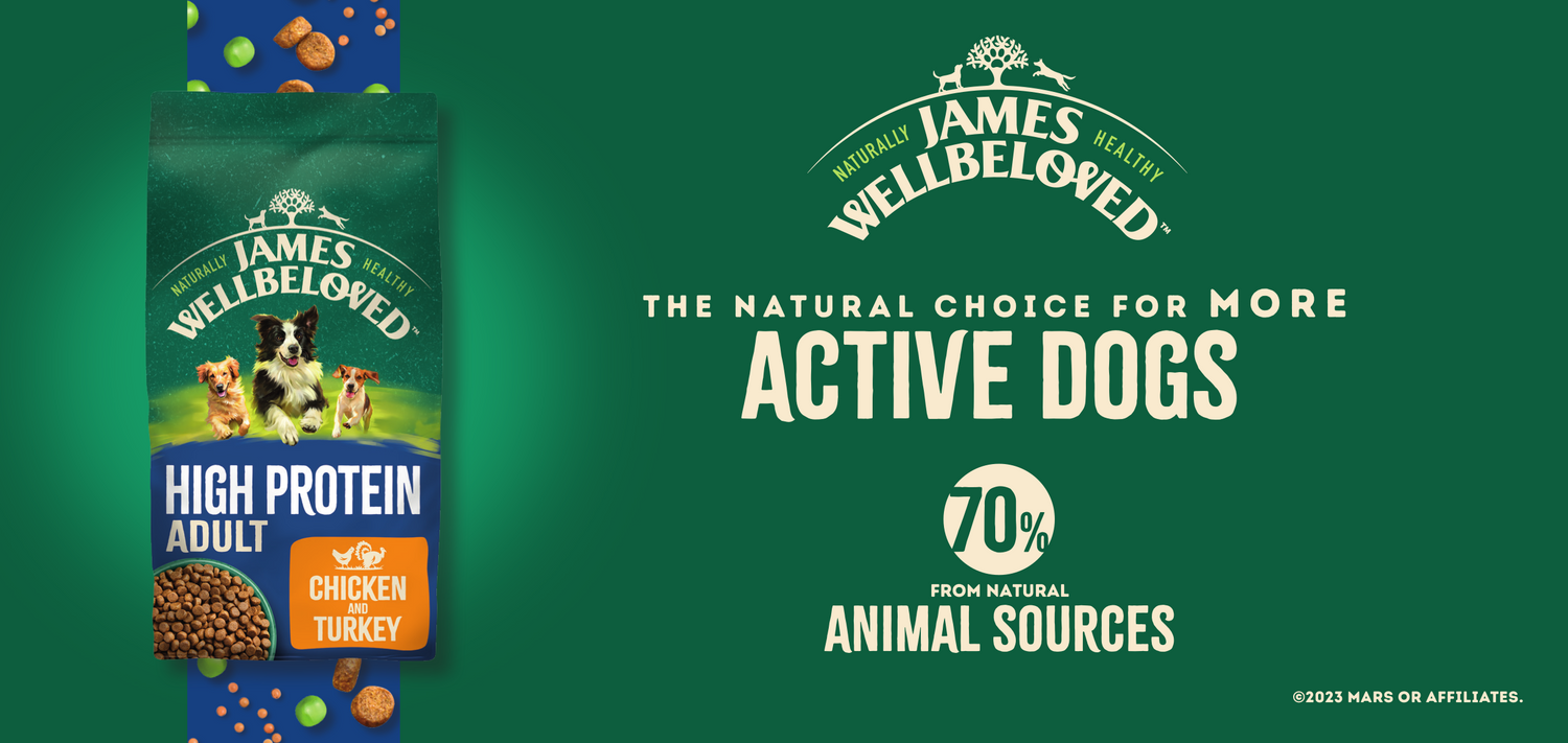 James Wellbeloved. The natural choice for more active dogs. 70% from natural animal sources.