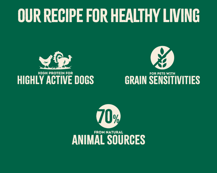 Our recipe for healthy living. High protein for highly active dogs. For pets with grain sensitivities. From Natural animal sources.