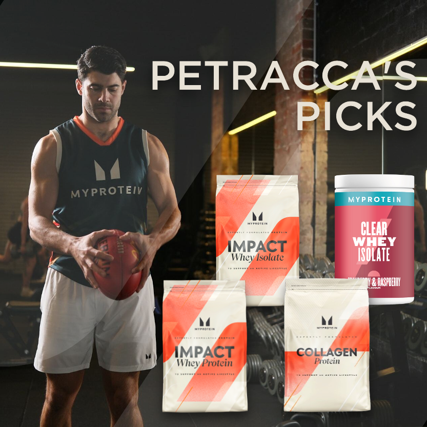 Christian Petracca's top picks including Impact Whey Protein, Impact Whey Isolate, Clear Whey Isolate and Marine Collagen.