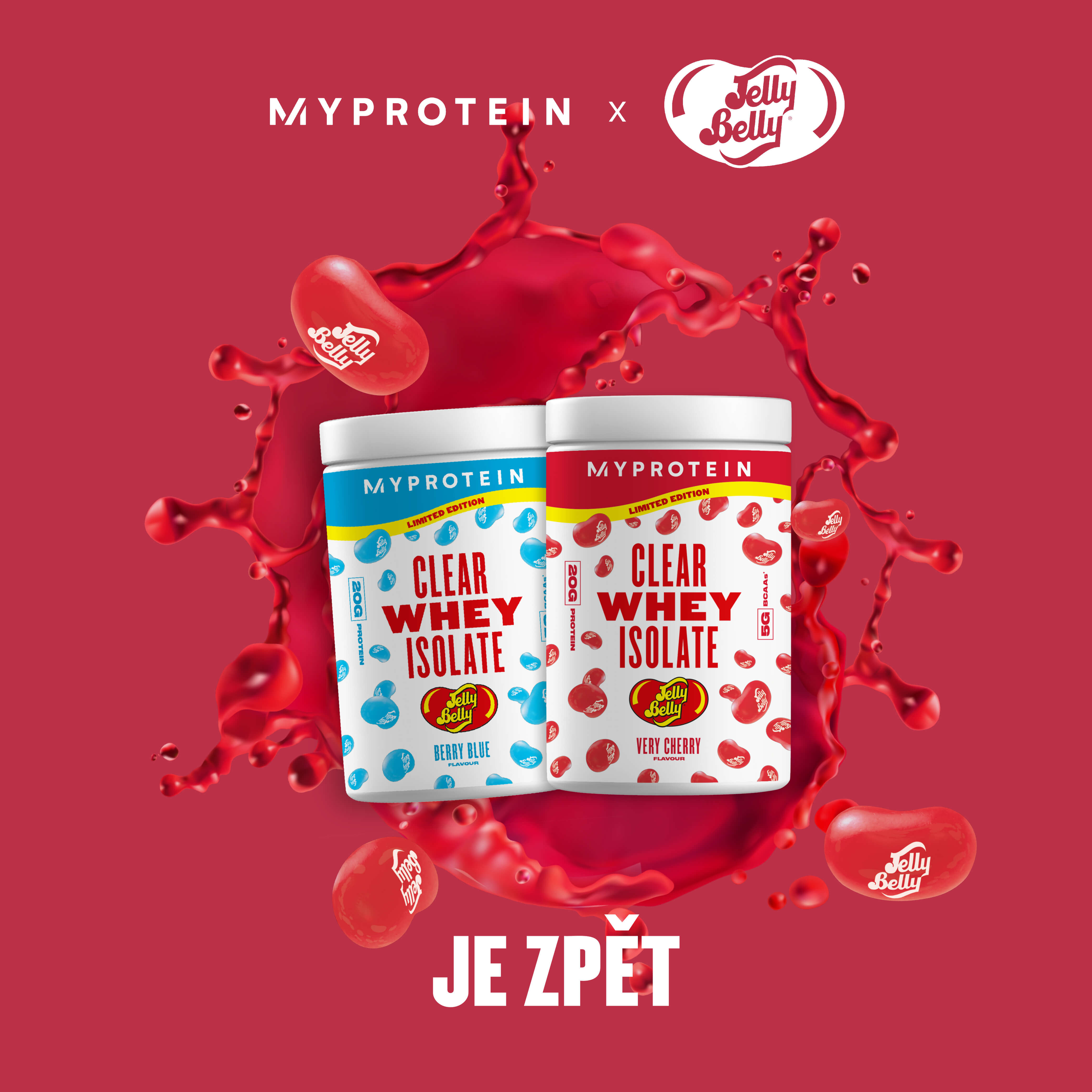 The new Clear Whey Isolate Jelly Belly flavour protein tub in Very Cherry and Berry Blue.