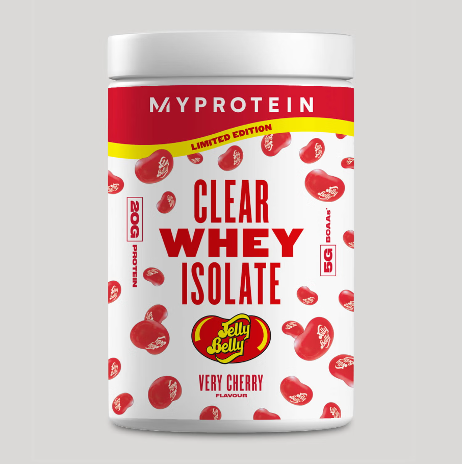 MYPROTEIN red jelly bean Clear Whey Isolate, Very Cherry Flavour," "20G Protein," "5G BCAAs," "LIMITED EDITION"