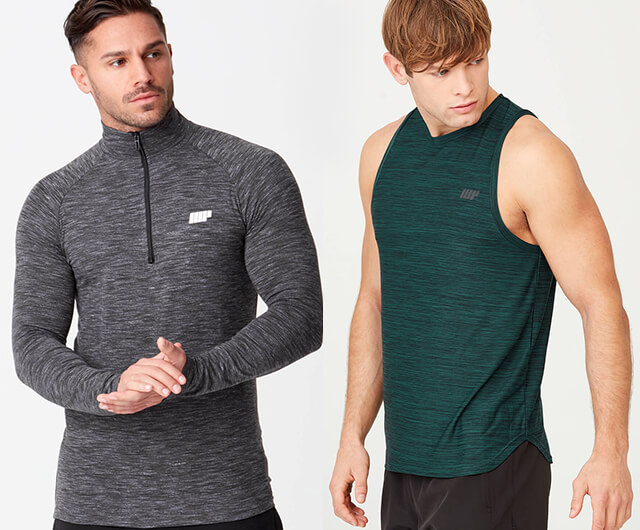 A group of men wearing a range of fitness clothing from MP.