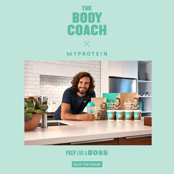Joe Wicks featuring next to his nutrition range of Myprotein products: The Body Coach range.