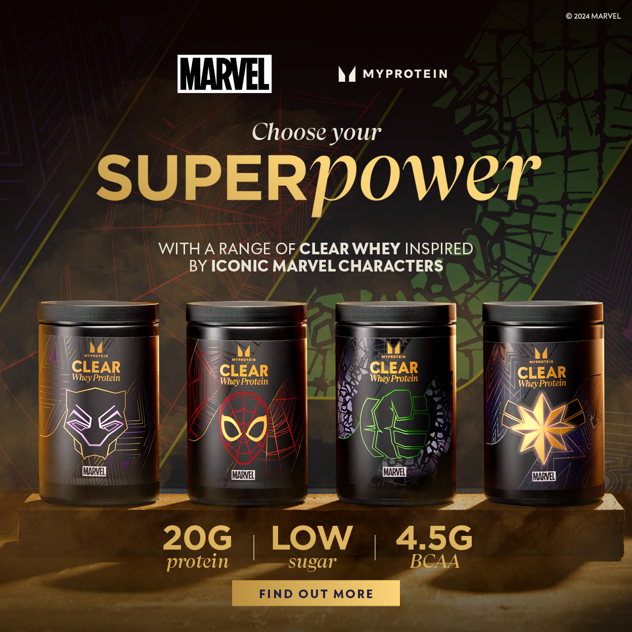 Marvel x Myprotein. Choose your superpower. Clear Whey inspired by Iconic Marvel Characters. Find out more.