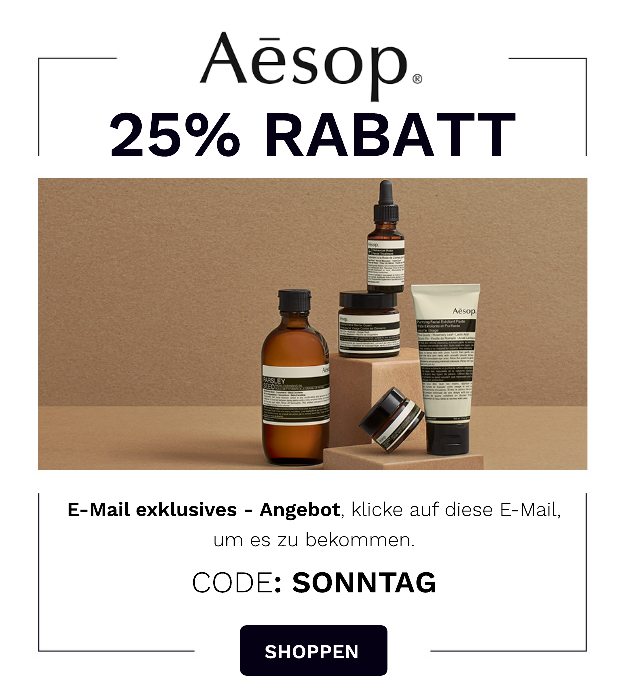 AESOP 25 PROZENT RABATT CODE SONNTAG