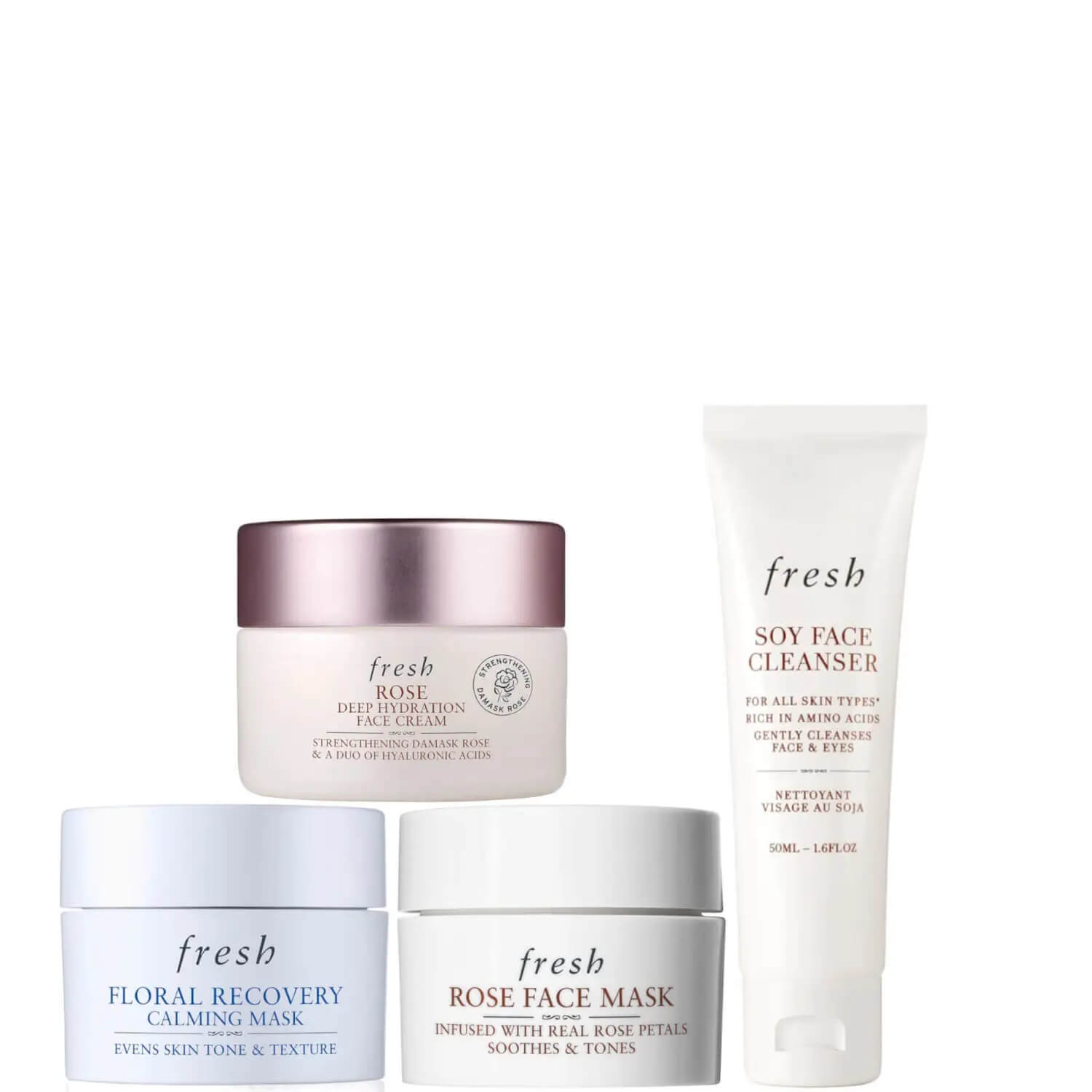 fresh ' SOY FACE fresh 2 CLEANSER RomSE % @ FOR ALL SKIN TYPES DEEPCIS C Ean e RICH IN AMINO ACIDS STRENGTHENING 0 GENTLY CLEANSES N O DRONIE ATDS FACE EYES NETTOYANT VISAGE AU SOJA 50ML - L6FLOZ fresh FLORAL RECOVERY EVENS SKIN TONE @;,TEXTURE INFUSED WITH REAL ROSE PE SOOTHES TONES 