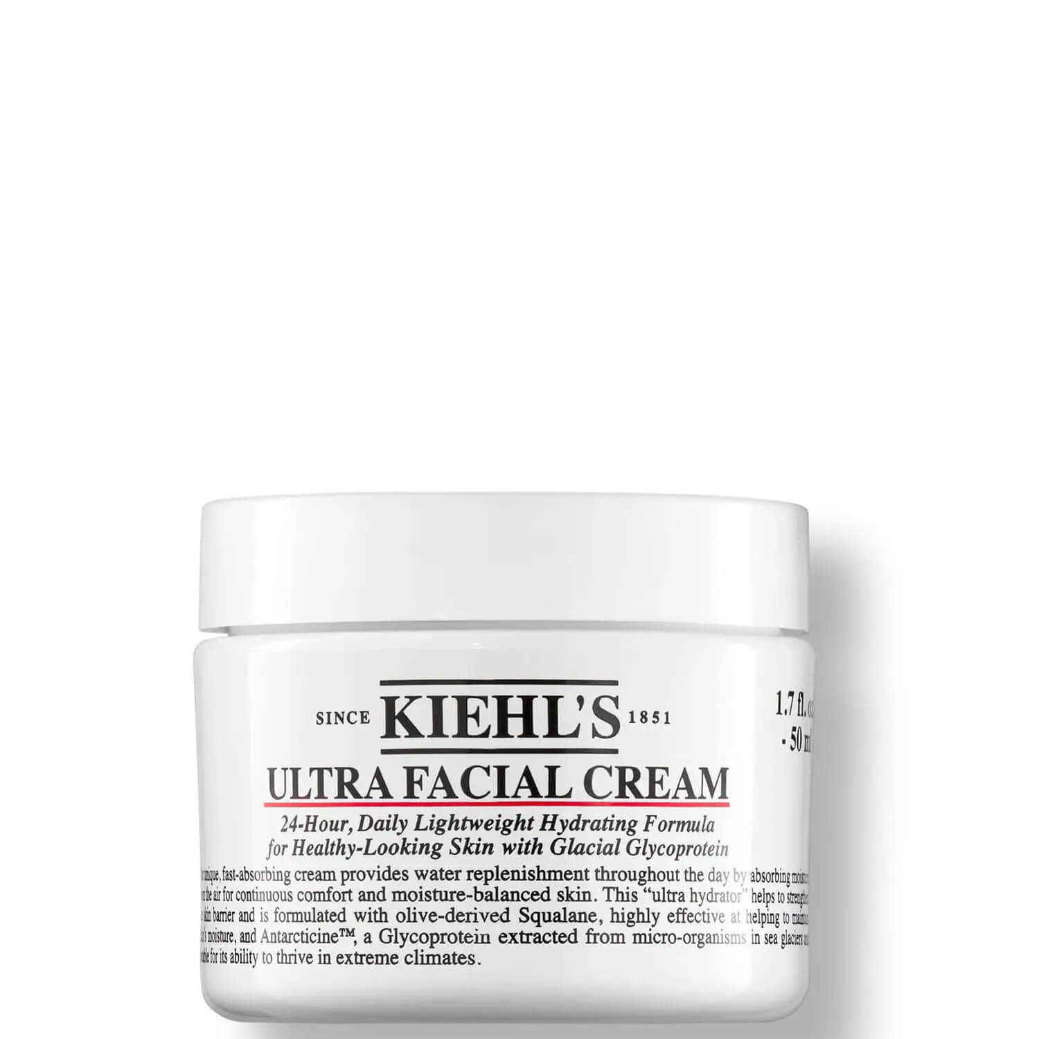  wa KIEHL'S ULTRA FACIAL CREAM 24-Hour, Daily Lightweight Hydrating Formula for Healthy-Looking Skin with Glacial Glycoprotein i fitabsorbing cream provides water replenishment throughout the day absorbinng tkirforcontinuous comfort and moisture-balanced skin. This ultra hydrato: helpstostege ehaer and is formulated with olive-derived Squalane, highly effective helping iy iminwe, and Antarcticine, a Glycoprotein extracted from micro-organisi: in sea g Ririsabiit to thrive in extreme climates. 